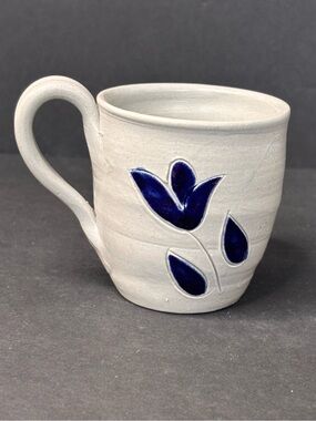 Williamsburg Pottery Salt Glazed Cobalt Blue Leaf Floral Coffee Cup Mug